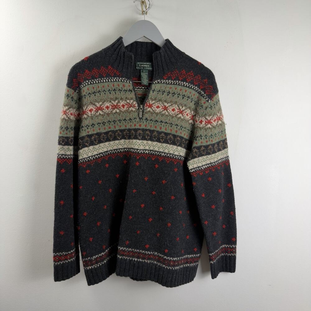 Lauren Ralph Lauren Sweater Men's L Fair Isle Quarter Zip Lambswool Hand Knit